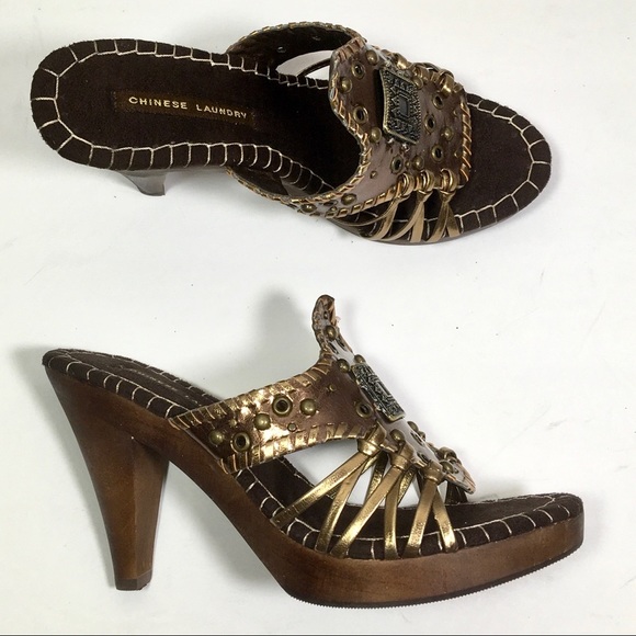 CHINESE LAUNDRY Global bronze wood platform sandals size 8, NIB - Picture 1 of 10